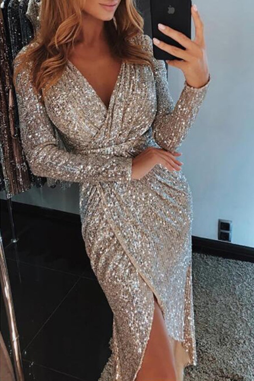 Sequins V-Neck Slit Wrap Dress for Glamorous Evenings