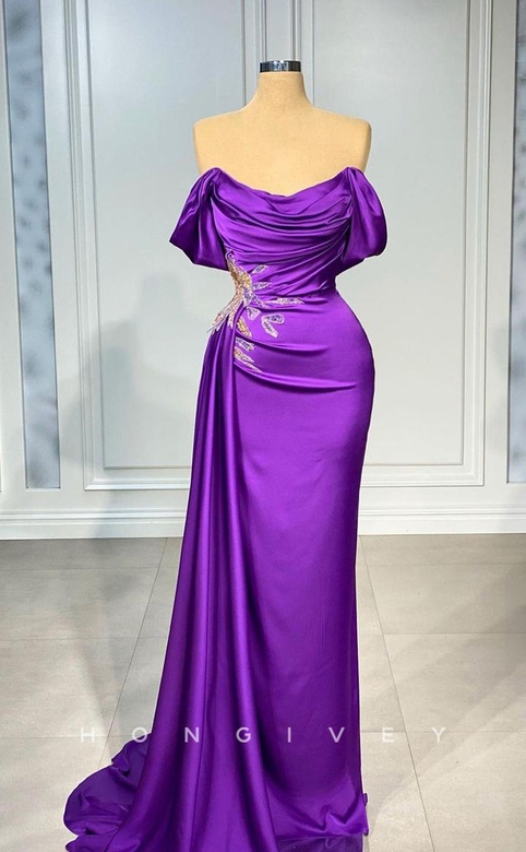 Charming Satin A-Line Spaghetti Straps Beaded Slit Train Prom Gown