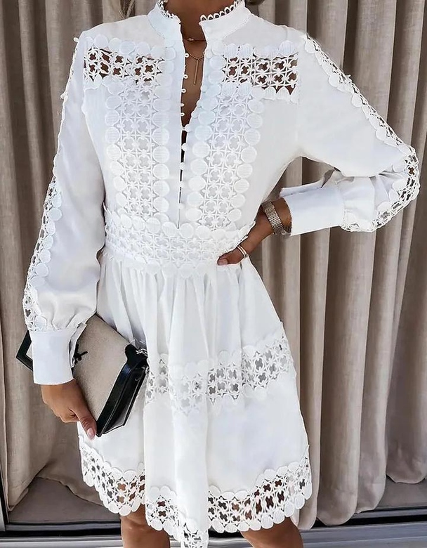 Long Sleeve Solid Color Lace Mini Dress for Feminine Touch