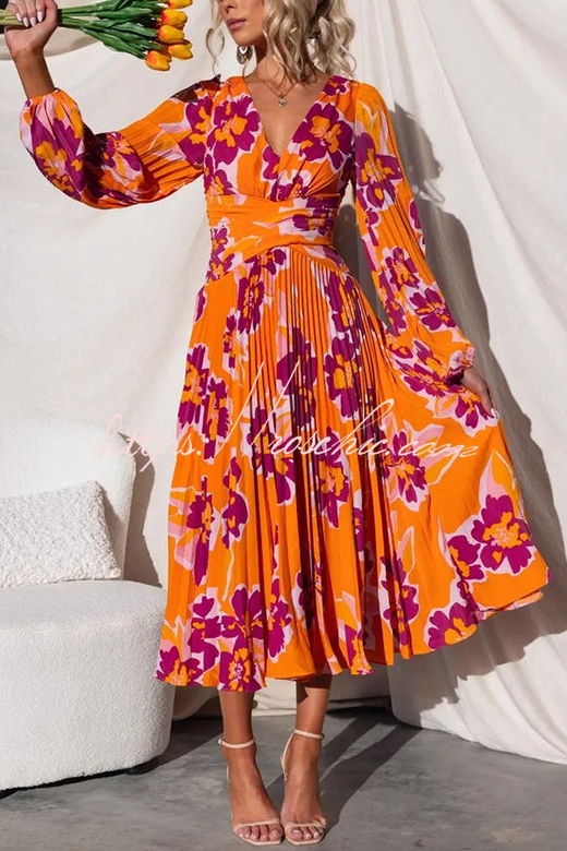 Feeling Loved Floral Print Back Cutout Pleated Midi Dress