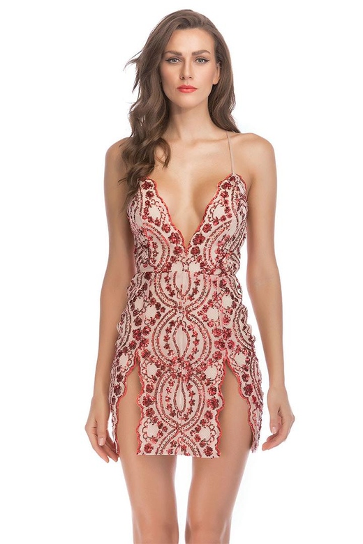 Sexy Red V-Neck Spaghetti Straps Party Dress with Sequins