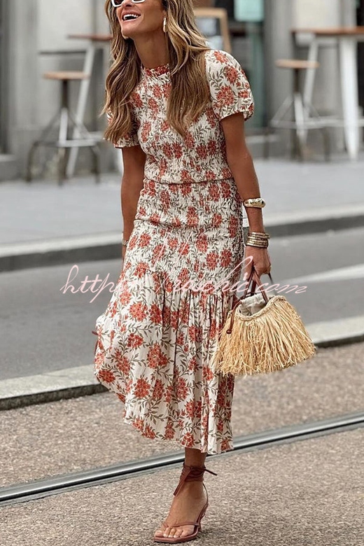 Botanical Floral Puff Sleeve Pleated Maxi