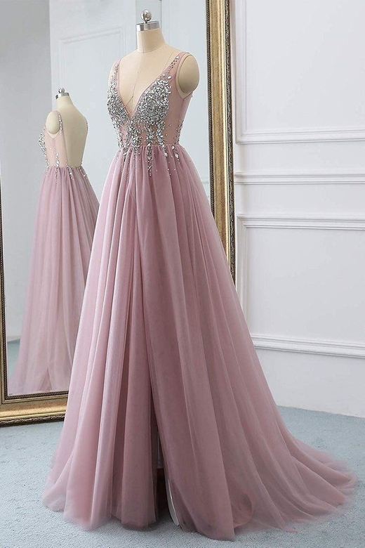 Elegant V-Neck Sleeve Tulle Crystal Long Prom Dress