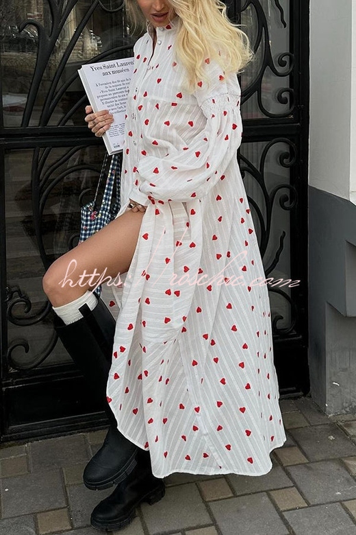 Cute Heart Print Puff Sleeve Shirt Maxi