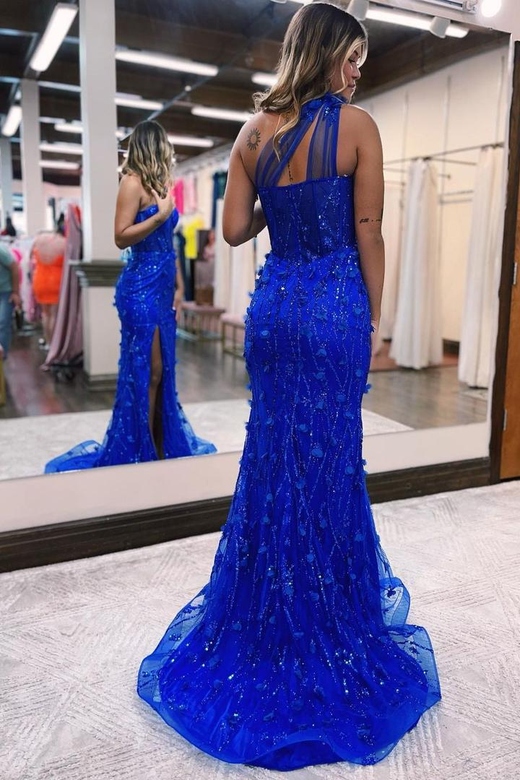 Gorgeous Royal Blue One-Shoulder Mermaid Lace Split Prom Dress