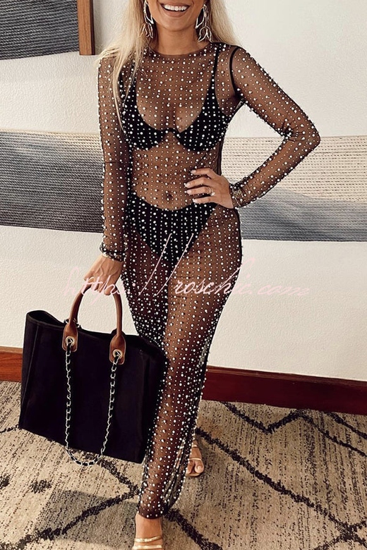 Back Slit Beaded Rhinestone Mesh Cover Up