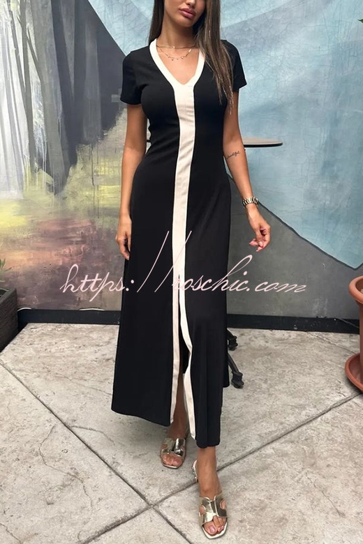 Fashionable V-Neck Waist Knitted Midi Dress