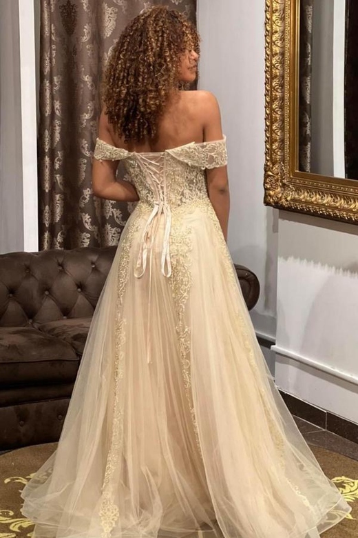 BMbridla Off-the-Shoulder Lace Appliques Long Tulle Prom Dress