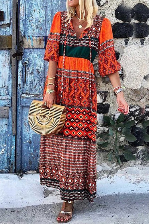 V-Neck Printed Bohemian Dress for Free-Spirited Fashion