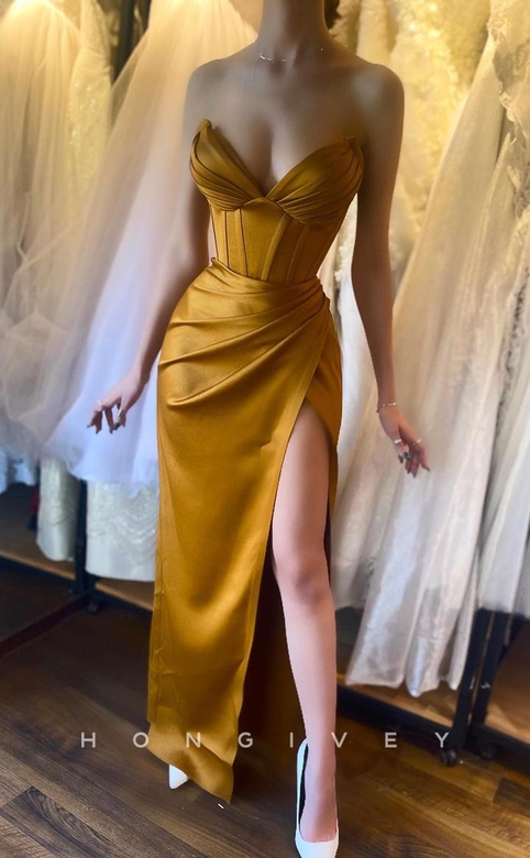 Sexy Simple Ruched Strapless With Slit Party Evening Prom Formal Gown