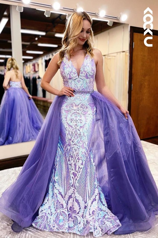 Glamorous & Dramatic V-Neck Straps Mermaid Sequins Applique Prom Dress