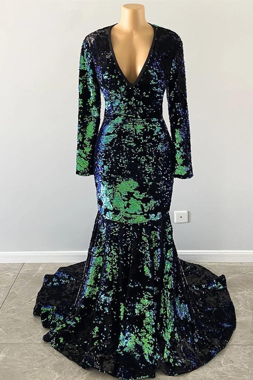 Long Sleeves Velvet Green V-Neck Mermaid Prom Dress