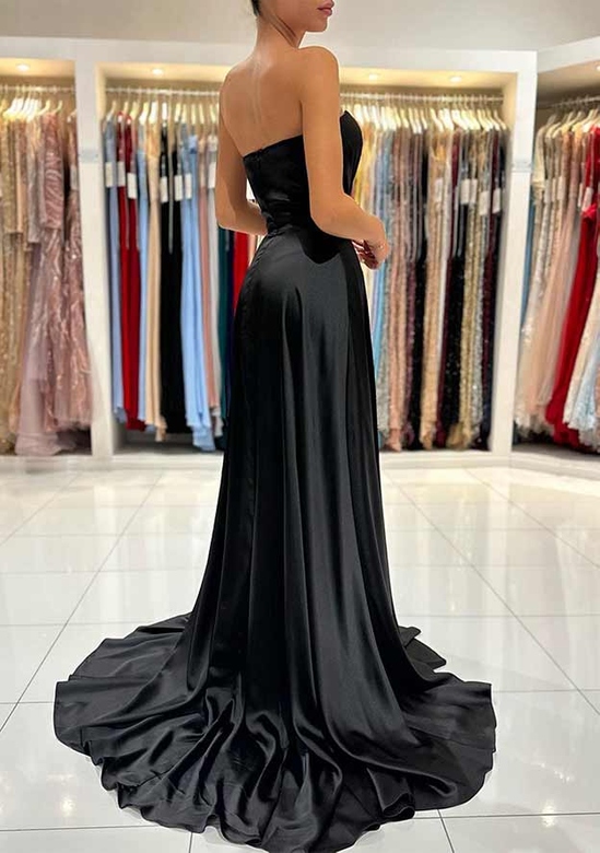 A-Line Sweetheart Strapless Charmeuse Pleated Split Sweep Train Prom Dress