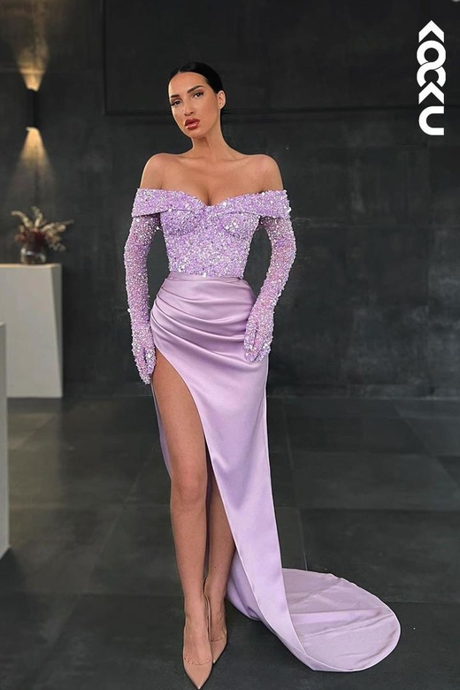 Off-Shoulder Sequined Ruched Satin Sheath Long Prom Gown With Slit