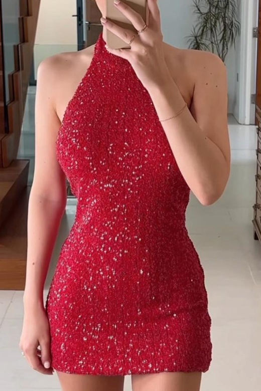 Sexy Sequins Halter One-Step Skirt Dresses