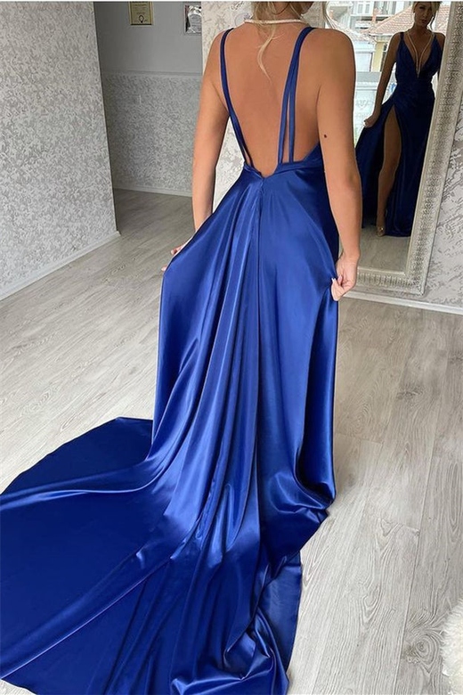 Classic Royal Blue V-Neck Slit Long Mermaid Prom Dresses