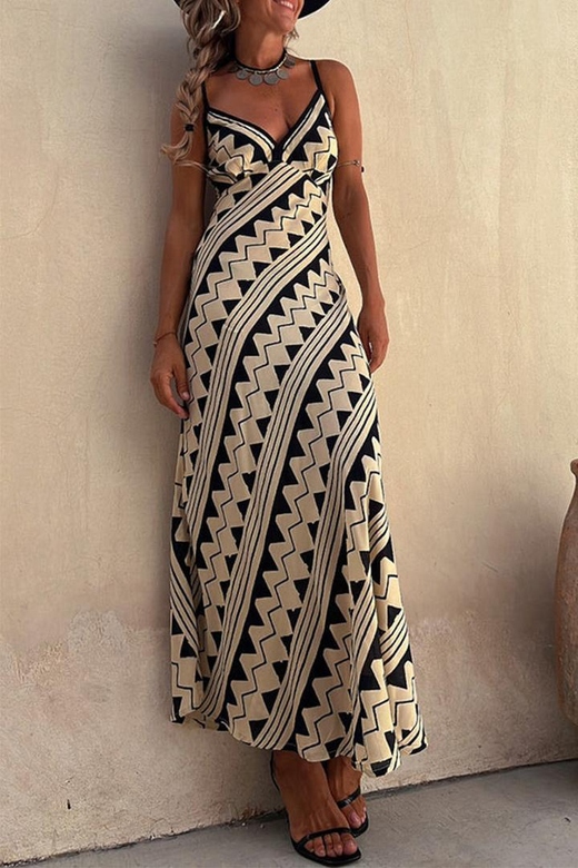 Bohemian Striped Print Patchwork V-Neck Sling Dresses