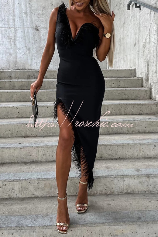 Solid Sleeveless Wrapped Chest Feather Midi Dress