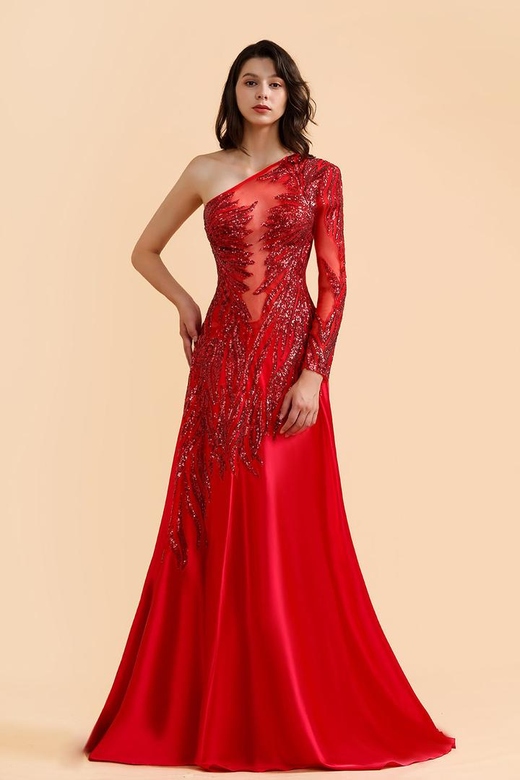 Chic One-Shoulder Red Sequined Sexy Party Dress On Sale