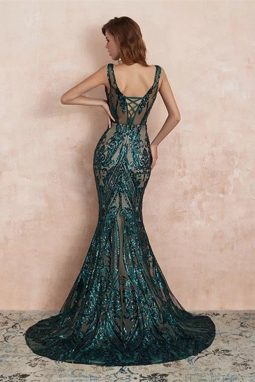 Glamorous Green Sequins V-Neck Long Mermaid Prom Dress