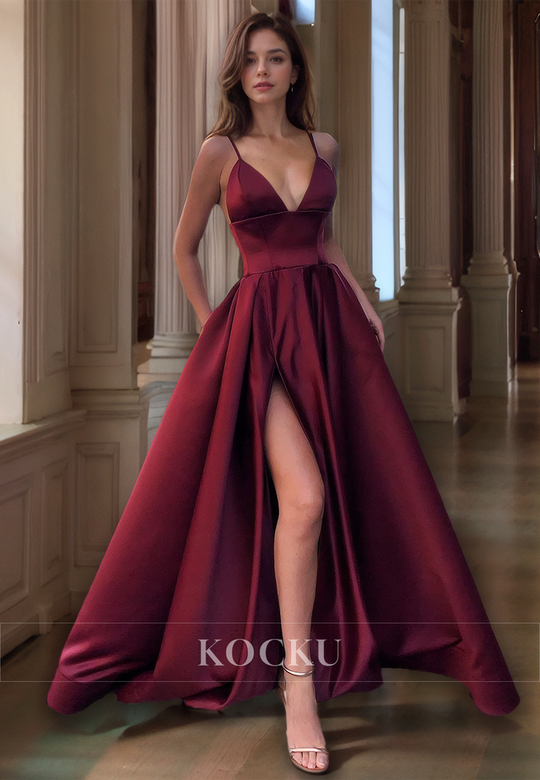 Elegant & Simple Spaghetti Straps V-Neck A-Line Evening Party Gown