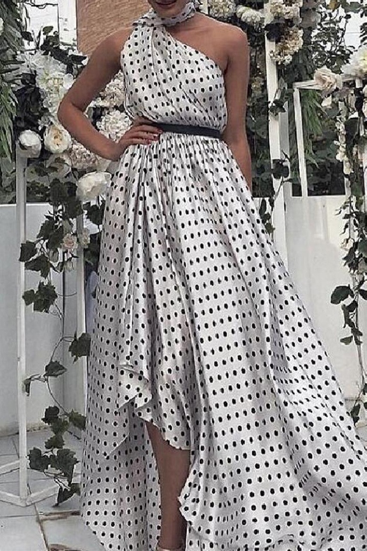 Elegant Polka Dot Flounce Asymmetrical Halter Dresses