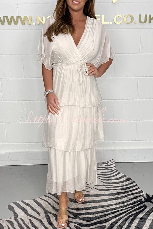 Queen Retro Silk Ruffle Belted Tiered Maxi Dress