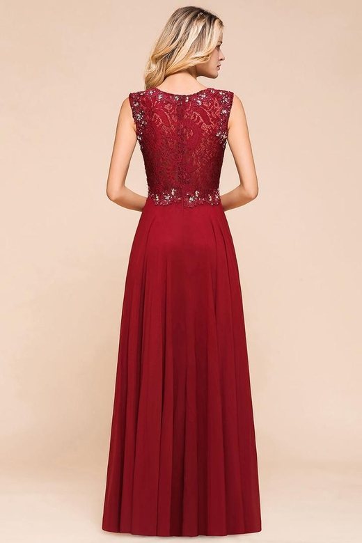 Burgundy Lace Sleeveless Chiffon Crystal Evening Gowns