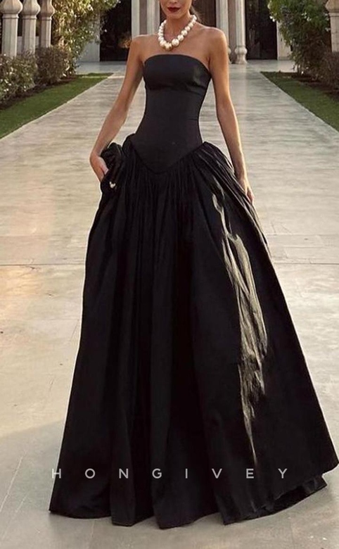 Couture Satin A-Line CorseStrapless Sleeveless Black Party Prom Gown