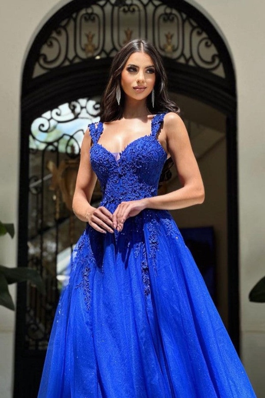 Royal Blue Straps A-Line Prom Dress with Elegant Appliques