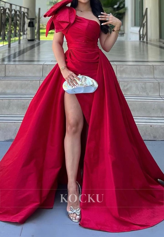 Classic & Timeless One Shoulder Split Satin Party Prom Evening Dress