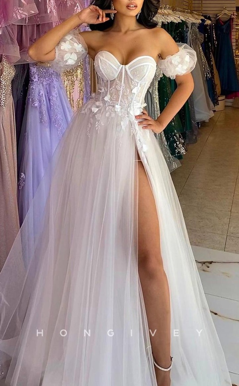 Sexy Tulle Illusion A-Line Sweetheart Strapless Puff Sleeves Gown Party Prom