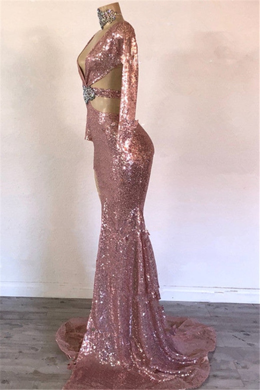 Pink Long Sleeves Sequins Split Mermaid Prom Dress