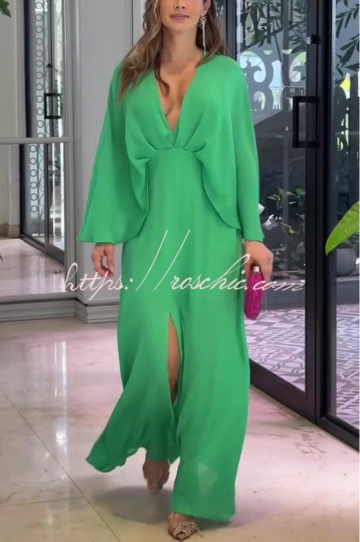 Solid V-Neck High Waist Slit Casual Long Maxi Dress