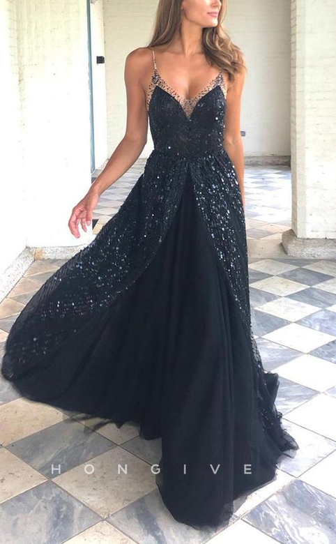 Chic Tulle A-Line V-Neck Spaghetti Straps Empire Sequined Gown