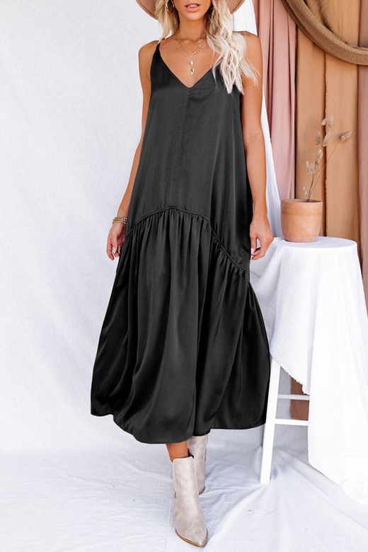 Casual Simplicity Solid V-Neck Pleated Dresses