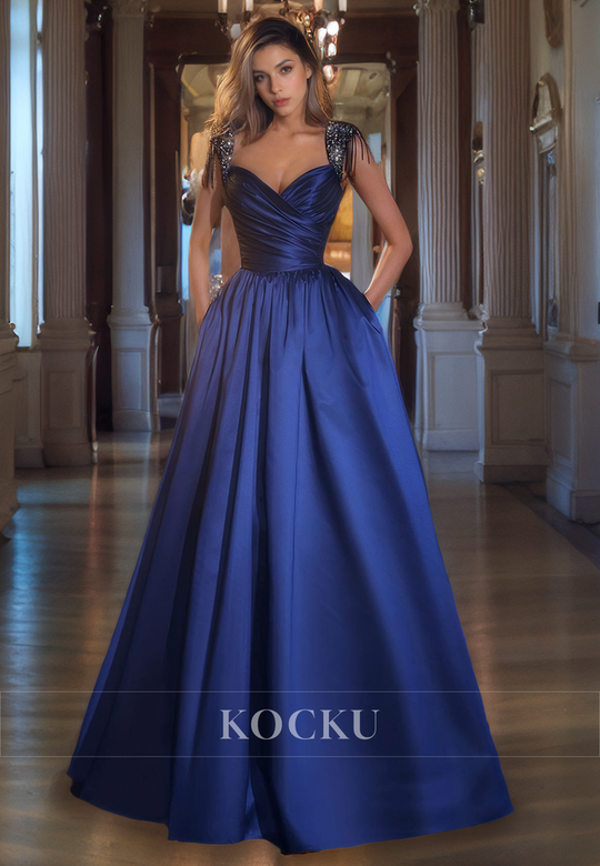 Couture & Ornate V-Neck Straps A-Line Satin Evening Party Gown