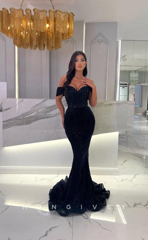 Fully Sequined Off-Shoulder Mermaid Train Evening Formal Dress