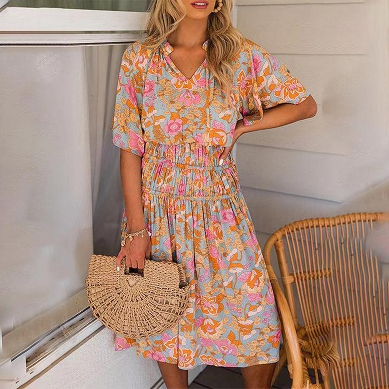 Attractive Print V-Neck Midi Dress for Eye-Catching Style