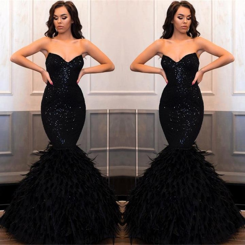 Sweetheart Feathered Sequins Black Mermaid Prom Dress