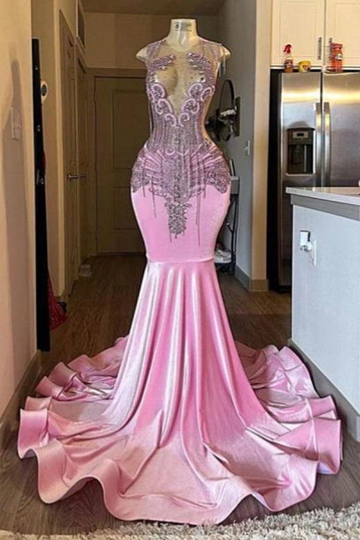 Gorgeous Pink Long Mermaid Beaded Floor Length Prom Party Dress