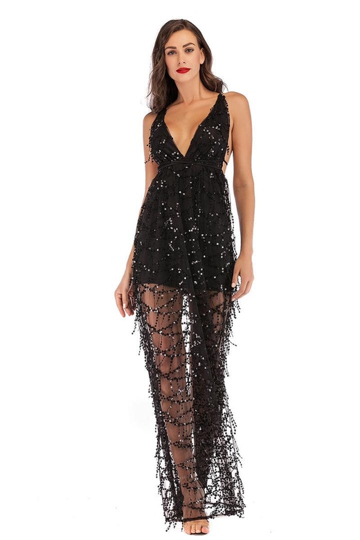 Sexy Deep V-Neck Sequined See-Through Sparkly Prom Dress