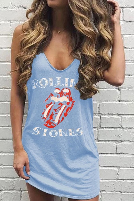 Lip Print Rolling Stones Blue Mini Dress for Girls