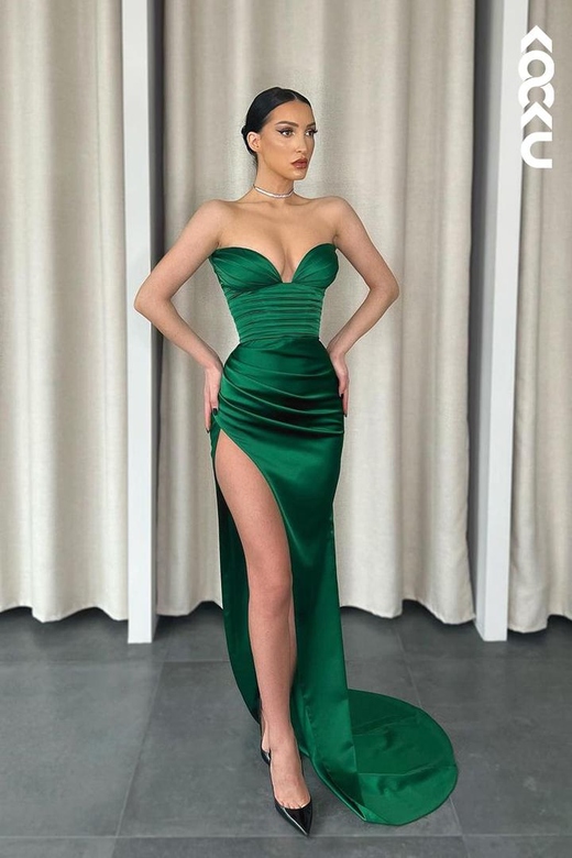 Simple & Casual V-Neck Sleeveless Ruched Side Slit Party Gown