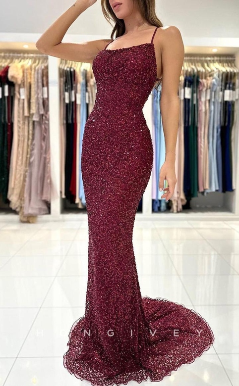 Sexy Trumpet Glitter Bateau Spaghetti Straps Sequined Lace-Up Gown