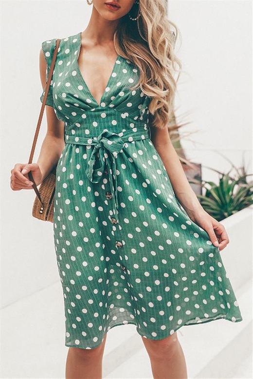 V-Neck Polka Dot Green Ruffle Dress