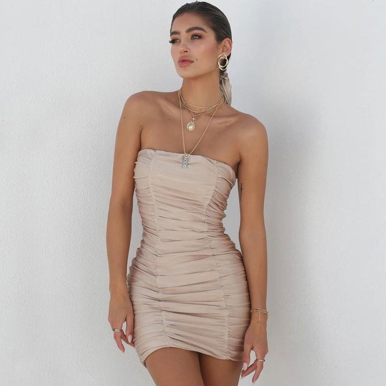 Modern Chic Strapless Ruched Bodycon Party Mini Dress in Khaki for Earthy Elegance