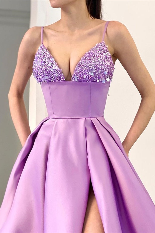 Lilac Sleeveless Spaghetti-Straps Prom Dress with Split