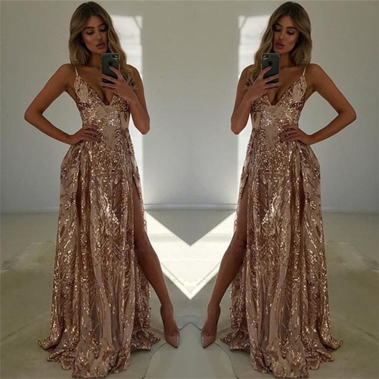 Spaghetti-Straps V-Neck Sequins Split Sleeveless Evening Gown