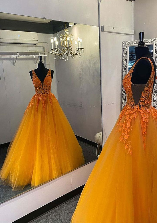 V-Neck Long Tulle Prom Dress with Appliques for a Princess Style